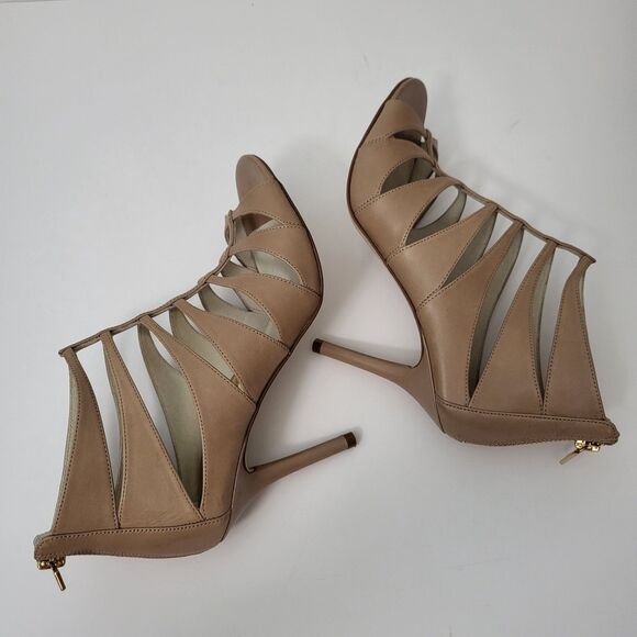 MICHAEL KORS Mavis Open Toe Sandals Womens 6 Dark Khaki Tan Stiletto Caged MK - Picture 7 of 9